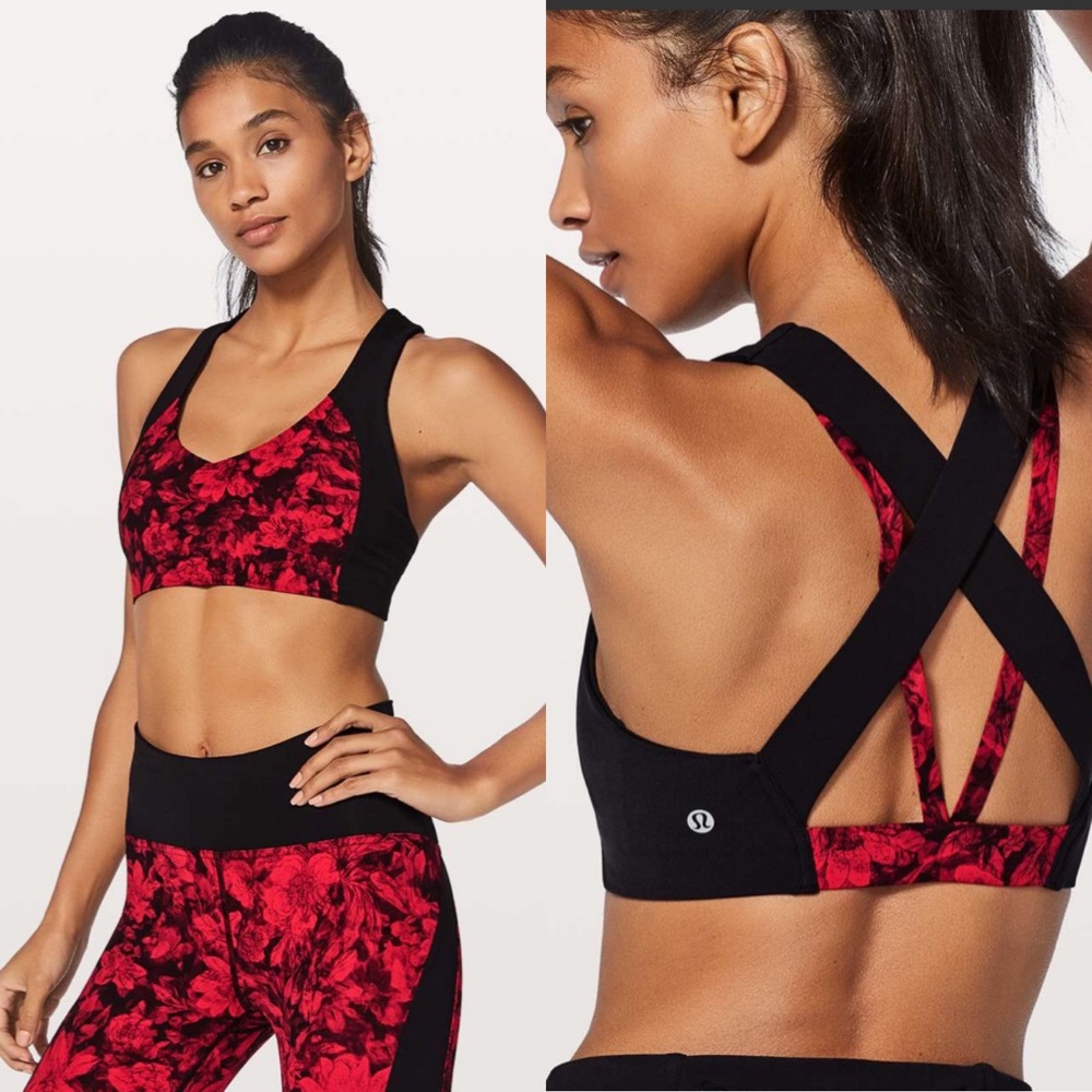 lululemon athletica Red Black Floral Strappy Sports Bra